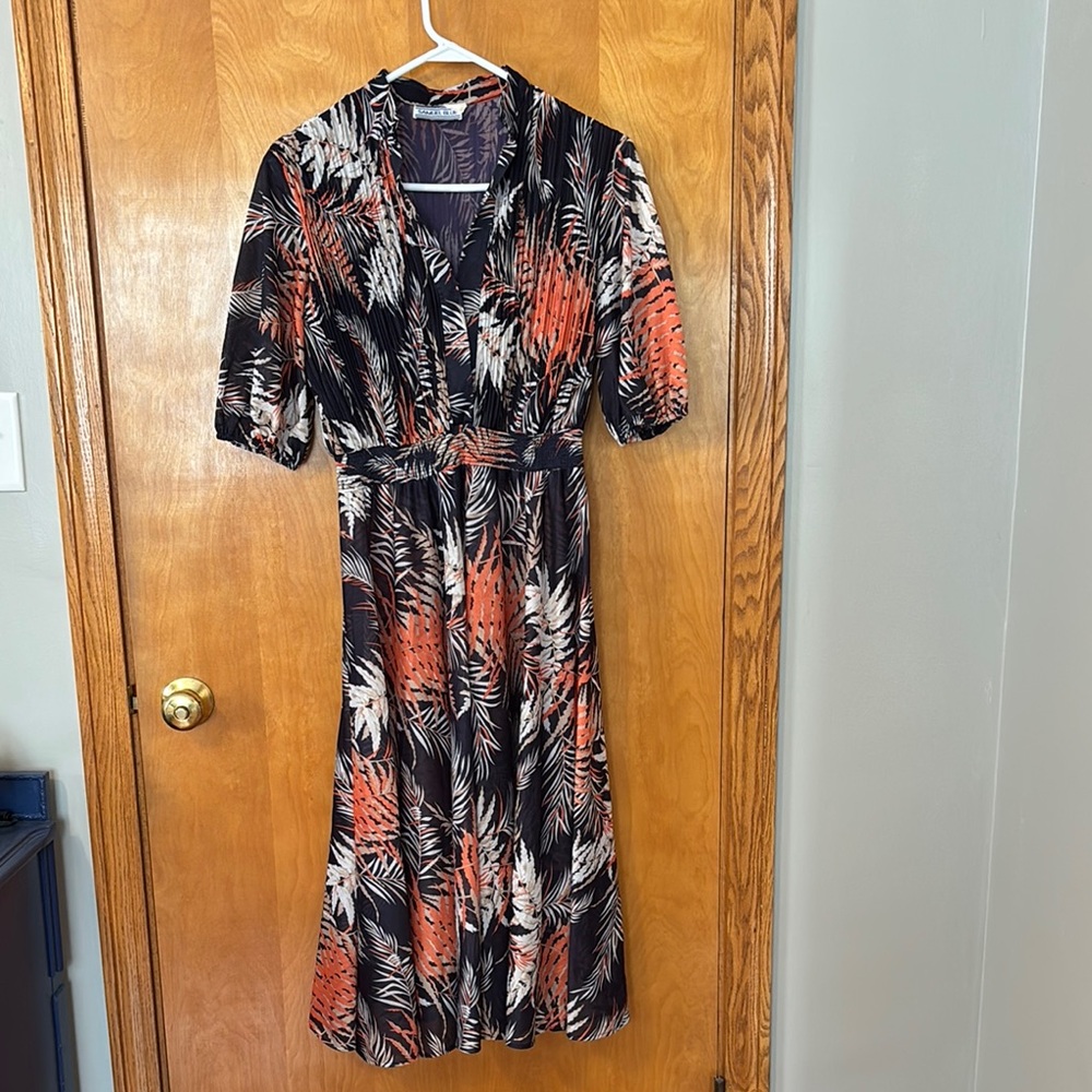 Vintage Samuel blue Elegant Blue and Orange Leaf Print Dress